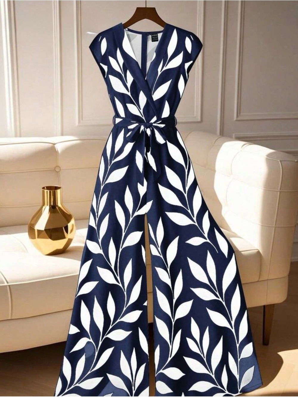 New Navy & White Leaf-Print Wide-Leg Jumpsuit XL
